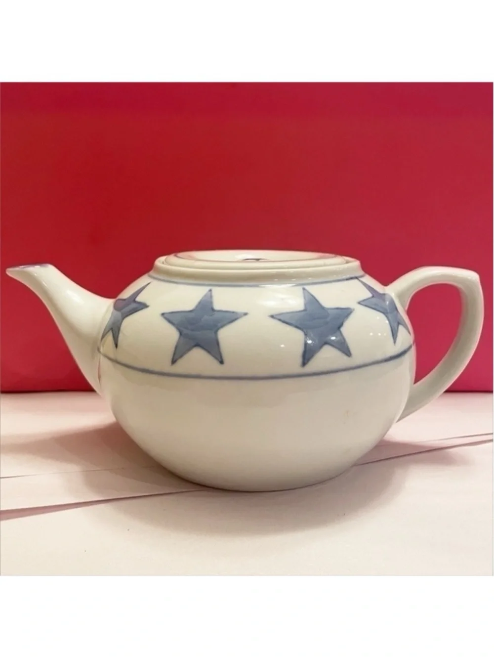 White & Blue Stars Pier 1 Stoneware Teapot